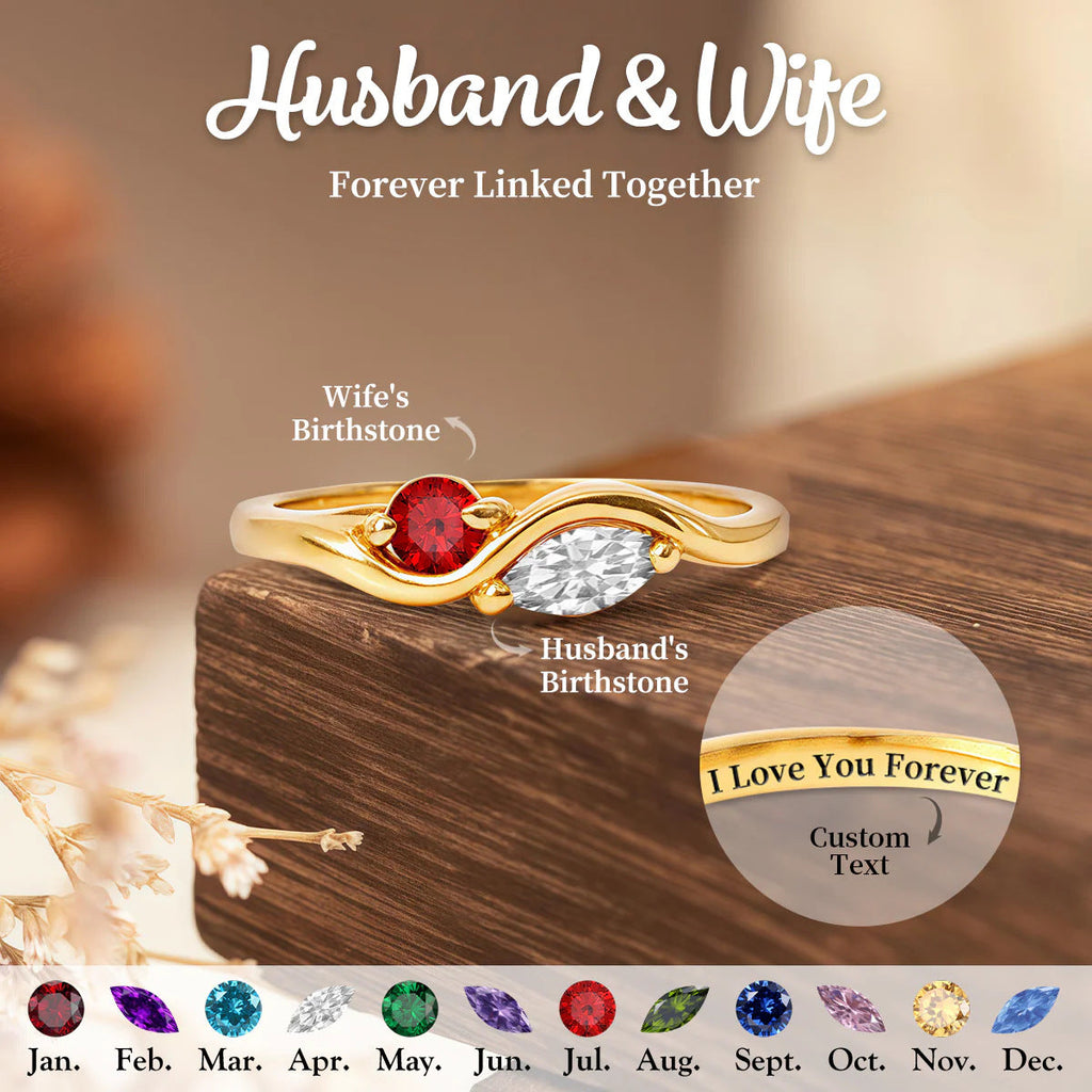 Elegant Wave Birthstone Ring – Custom Couple Ring with Two Stones