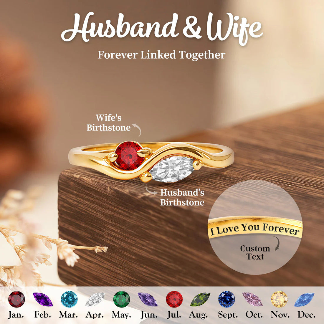 Elegant Wave Birthstone Ring – Custom Couple Ring with Two Stones