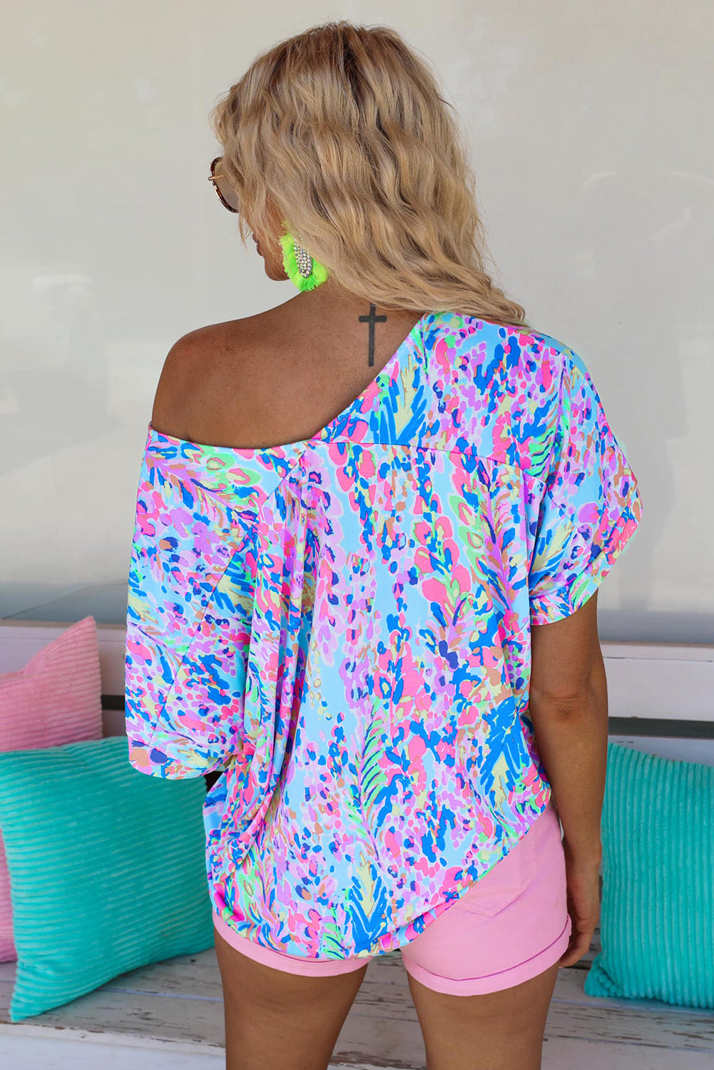 Pastel Blue Abstract Floral Print V-Neck Short Sleeve T-Shirt