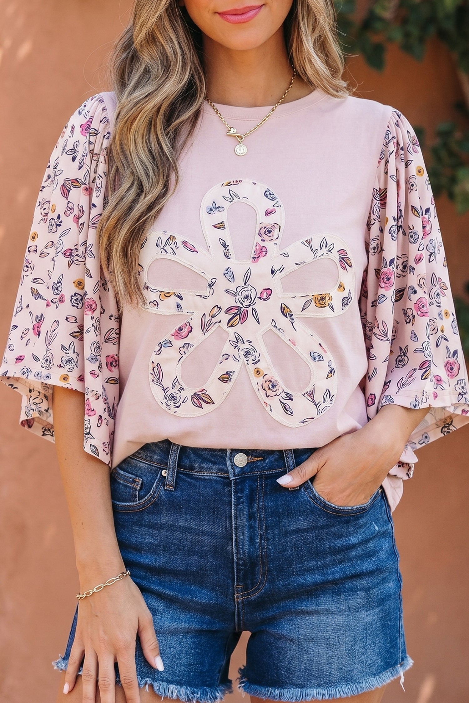 Pink Floral Patchwork Blouse with Flowy Half Sleeves