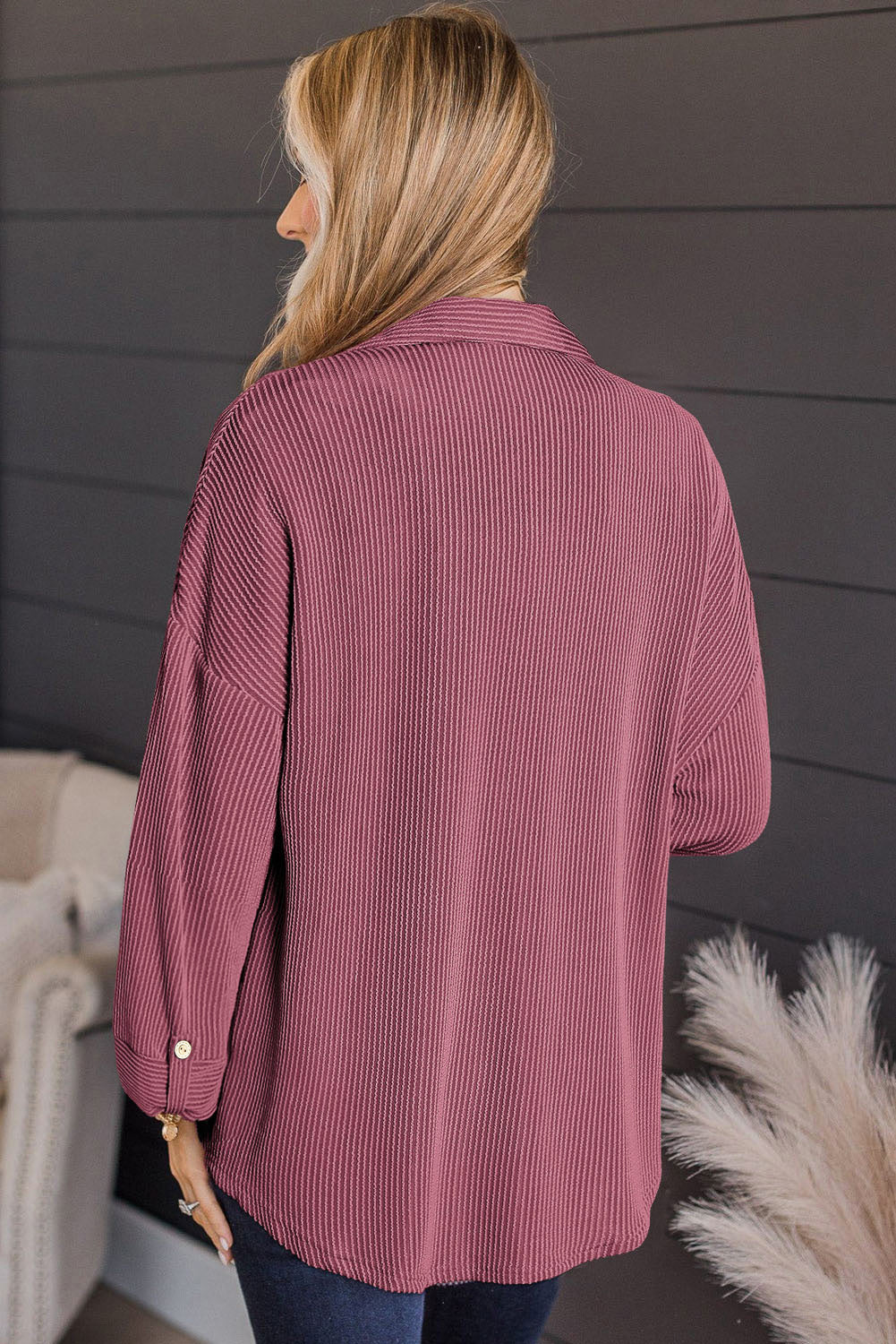 Fiery Red Pink Roll Tab Sleeve Ribbed Shacket | 112