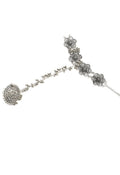 Detailed view of an oxidised silver-plated bracelet featuring intricate floral designs
