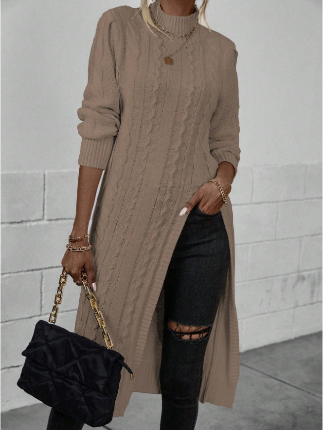 Women Crew Neck Long Sleeve Sweater with Split Hem Minimalist Top