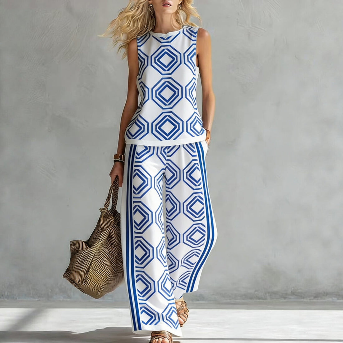 Women's Sleeveless Printed Tank Top and Wide-Leg Pants Set - Image 9
