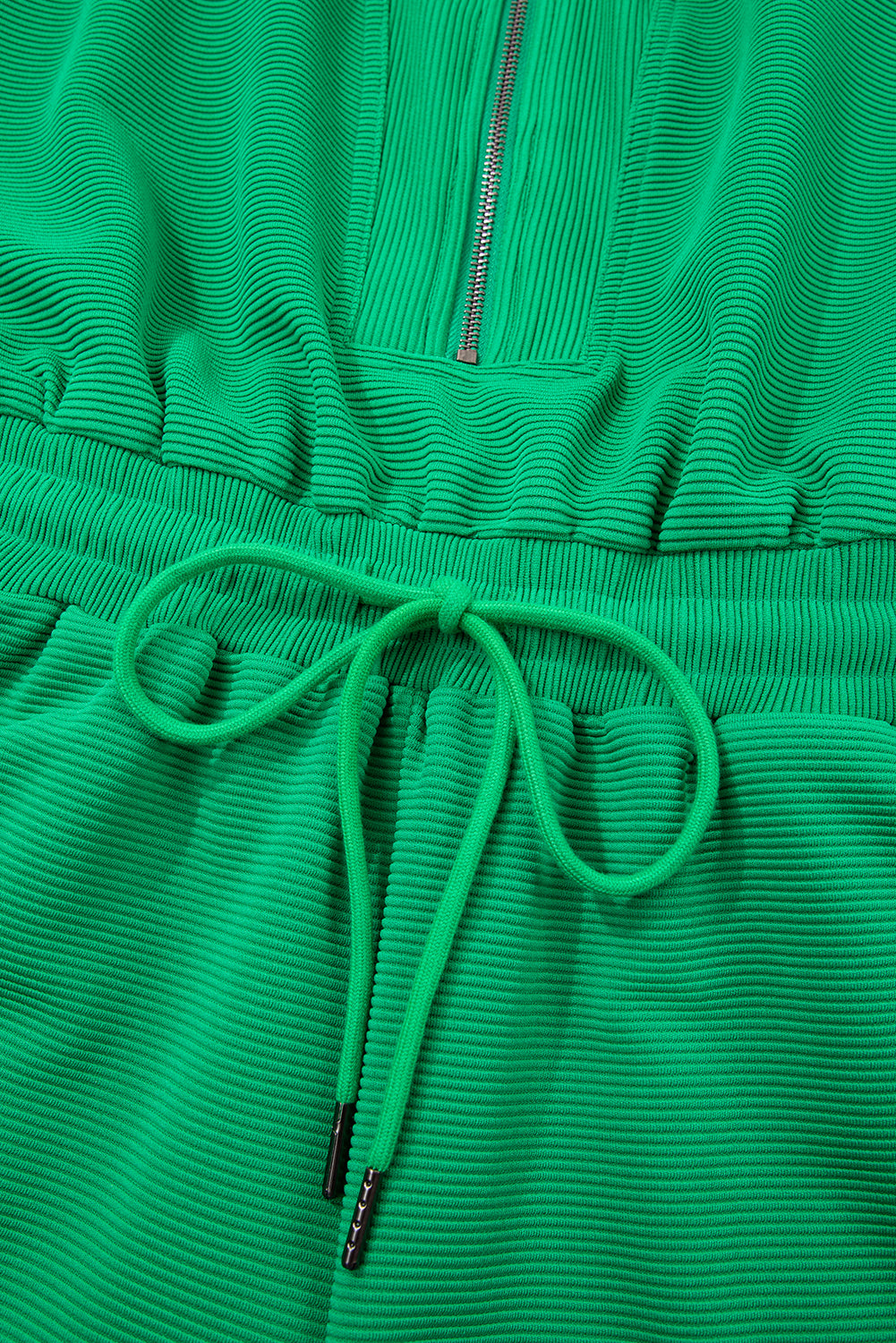 Bright Green Textured Short Sleeve Half Zip Romper
