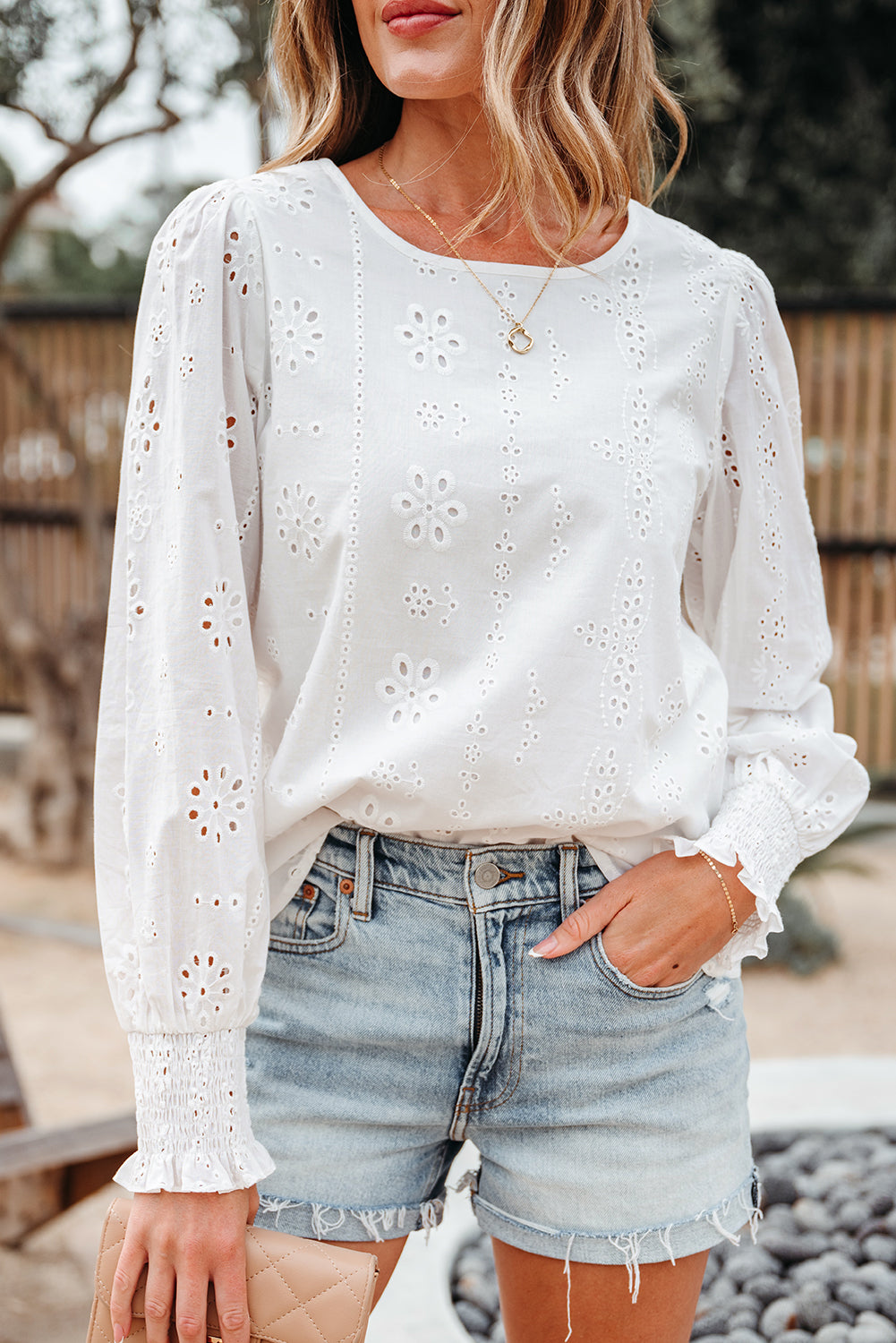 White Solid Eyelet Embroidered Long Sleeve Smocked Blouse - Image 5