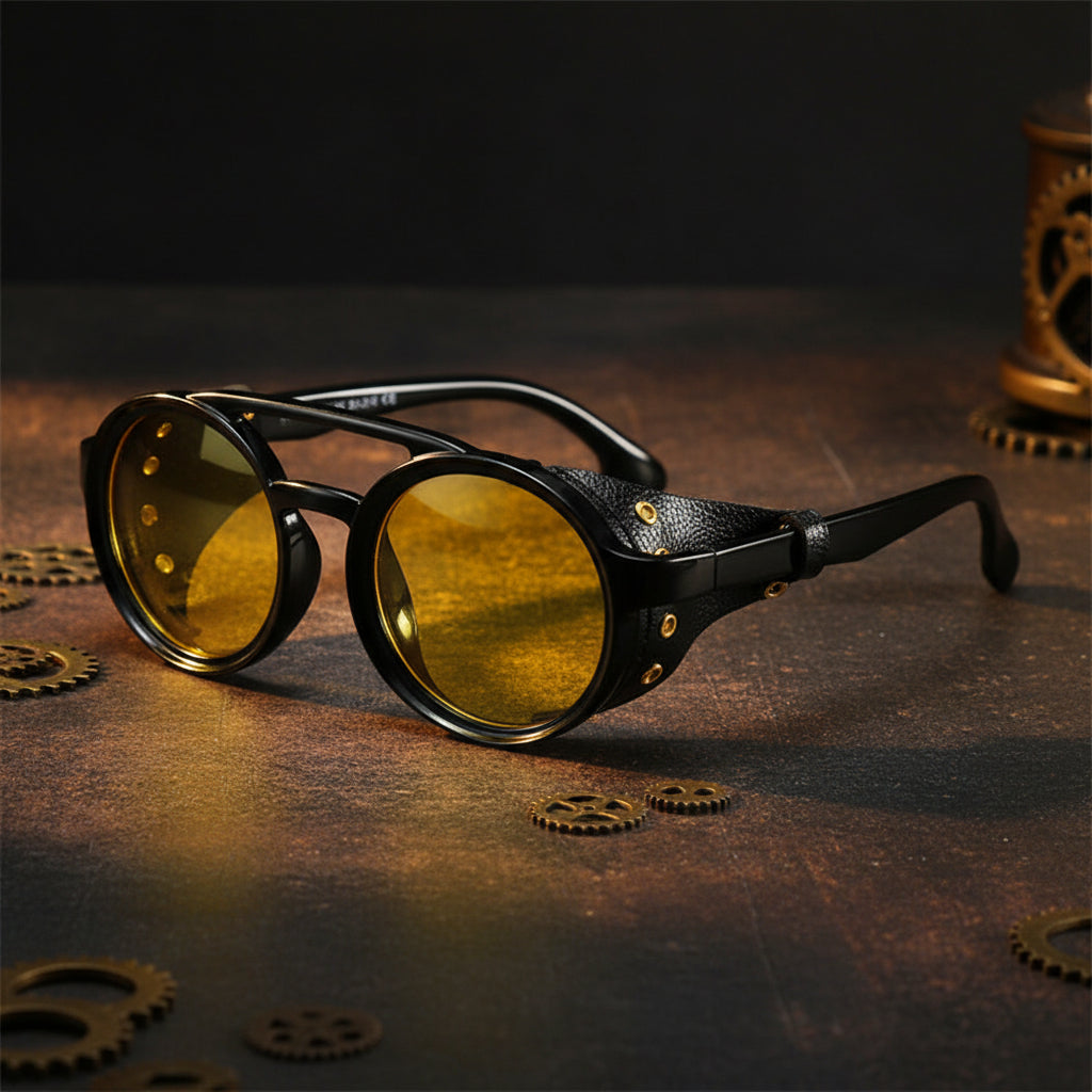 Retro Round Leather Frame Sunglasses – Vintage Steampunk Shades