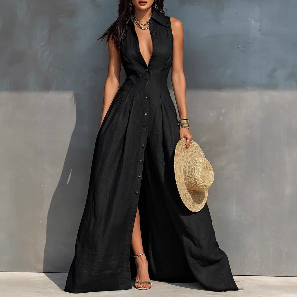 Women's Sleeveless Button-Down Maxi Dress with Lapel Collar - Image 6