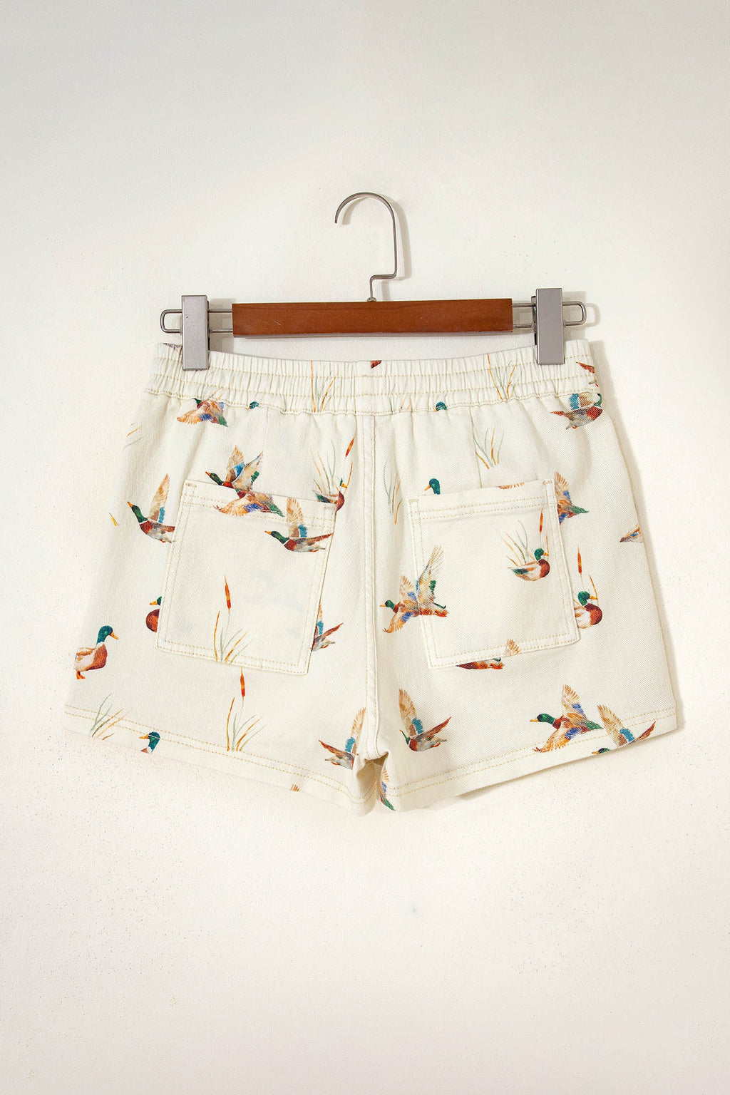 Mallard Duck Print Denim Drawstring Shorts Relaxed Fit