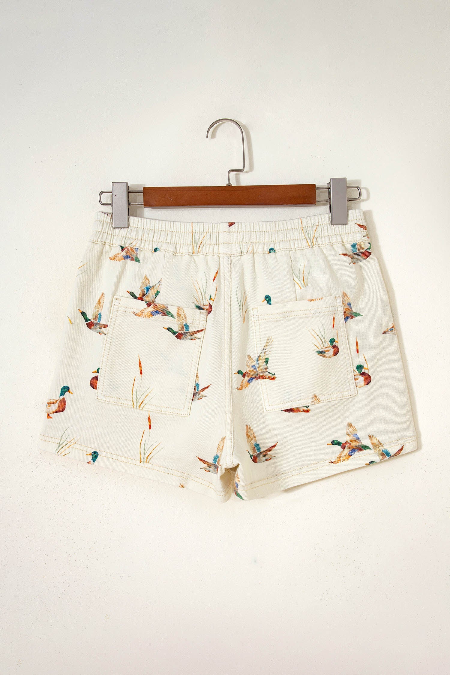 Mallard Duck Print Denim Drawstring Shorts Relaxed Fit