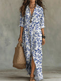 Digital Print Lapel Midi Shirt Dress with 3/4 Sleeves - Image 6