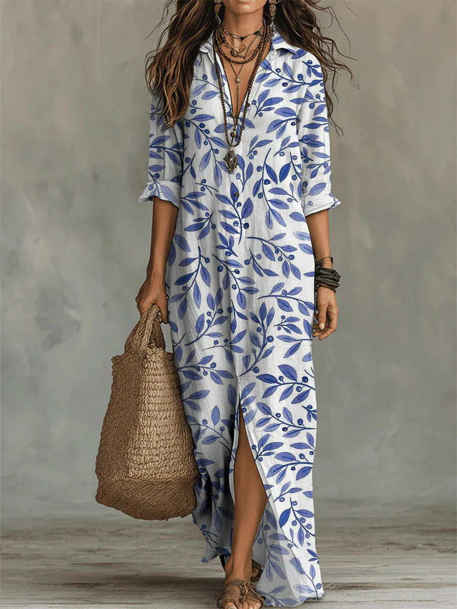Digital Print Lapel Midi Shirt Dress with 3/4 Sleeves - Image 6