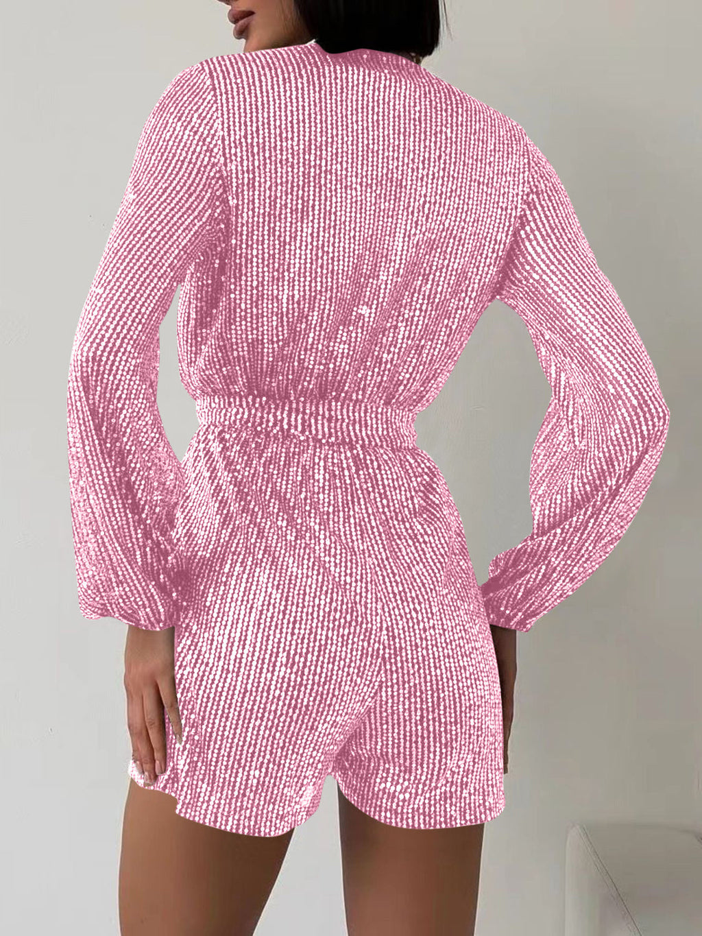 Sequin Surplice Tie Waist Long Sleeve Mini Romper