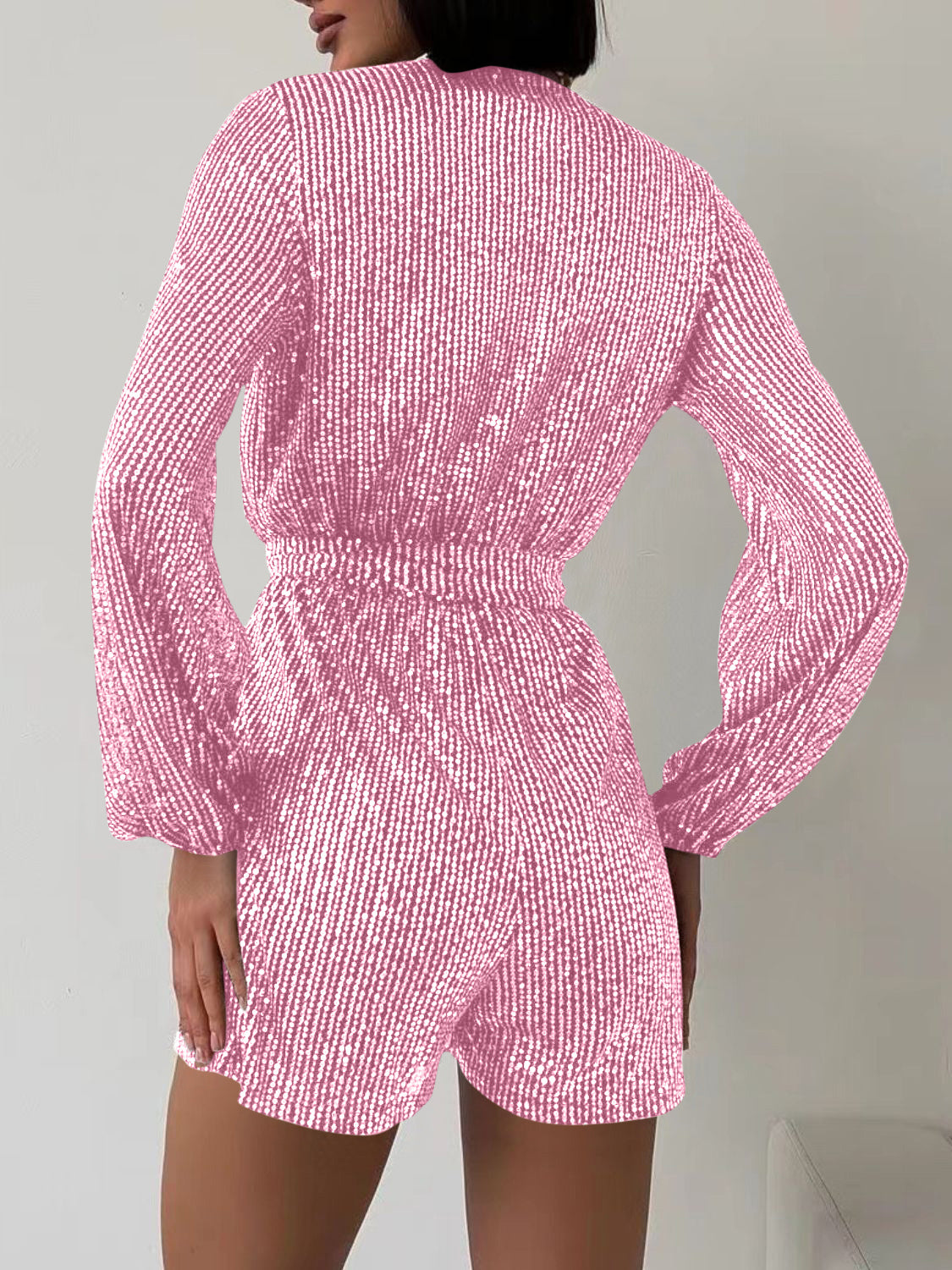 Sequin Surplice Tie Waist Long Sleeve Mini Romper