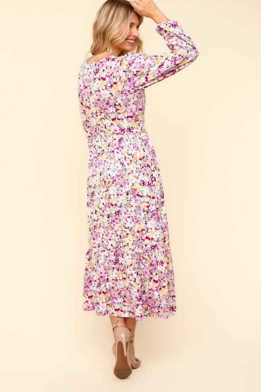 Lilac Floral V-Neck Long Sleeve Dress with Side Pockets