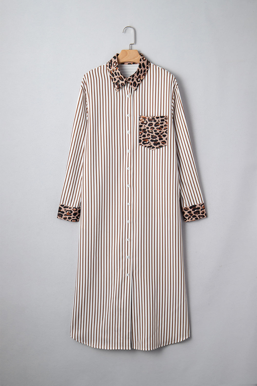 Leopard Patchwork Stripe Shirt Dress with Slits