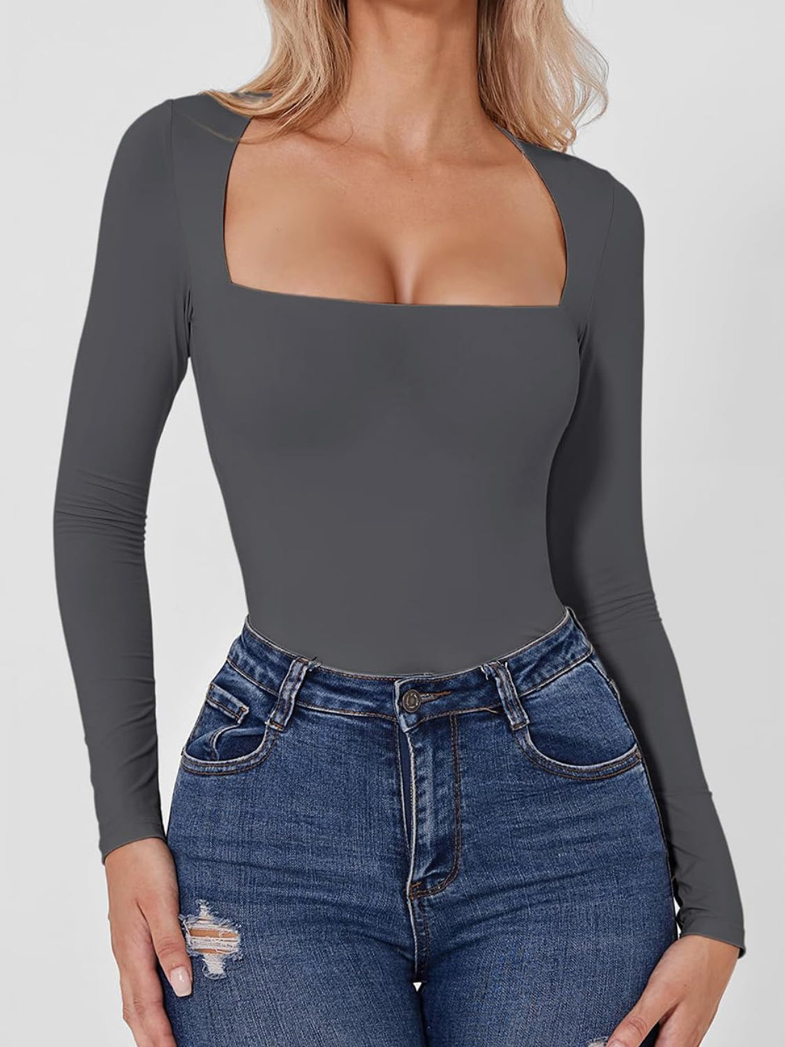 Women's Black Long Sleeve Square Neck Bodysuit Basic Slim Fit - Image 10