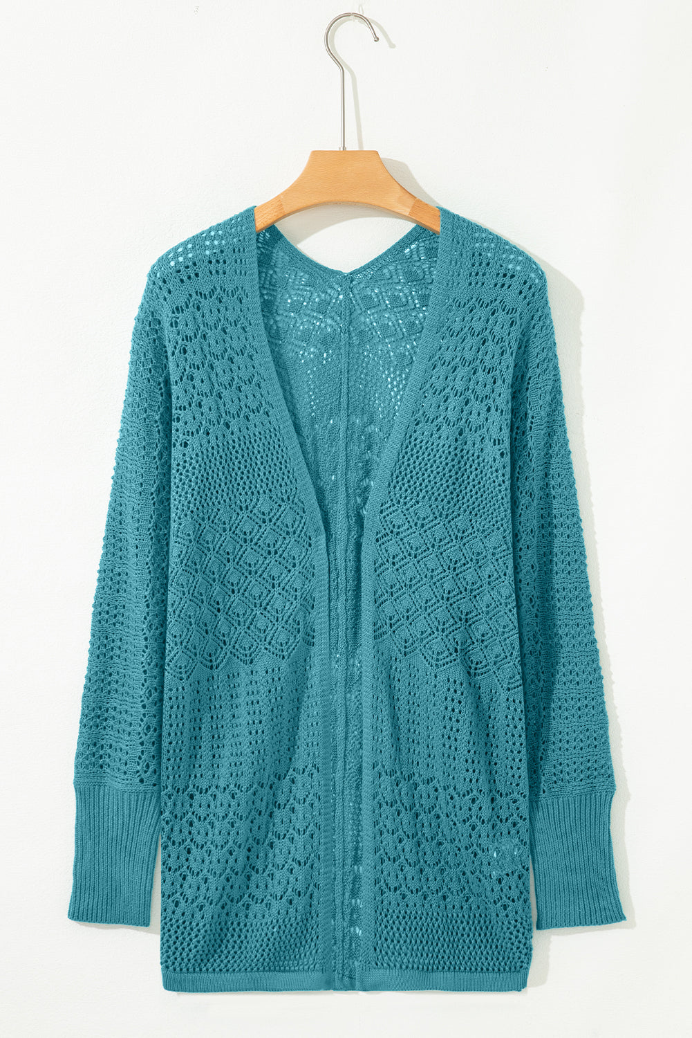 Solid Hollow Knit Open-Front Cardigan