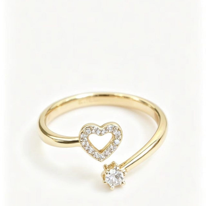 Gold Open-Heart Single-Stone Adjustable Ring for Women