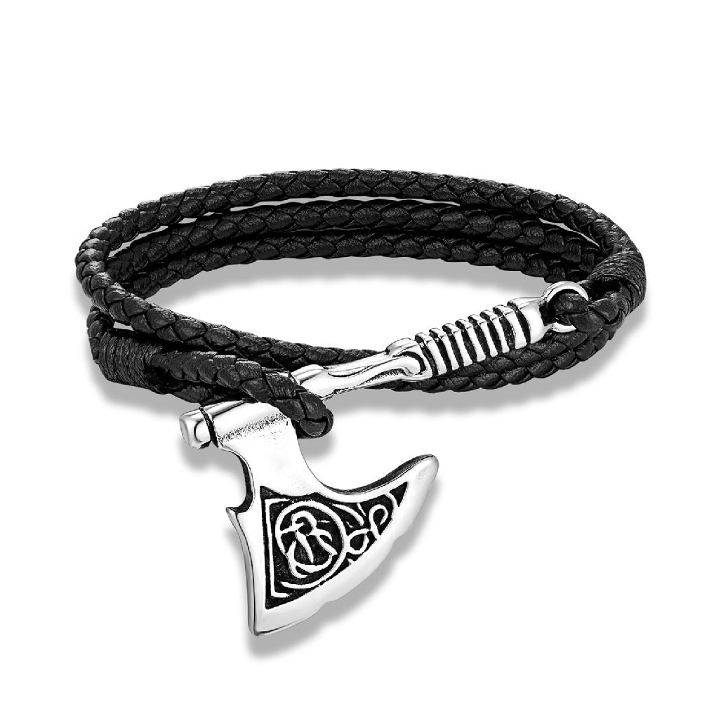 Handmade Leather and Stainless Steel Axe Pendant Rope Bracelet