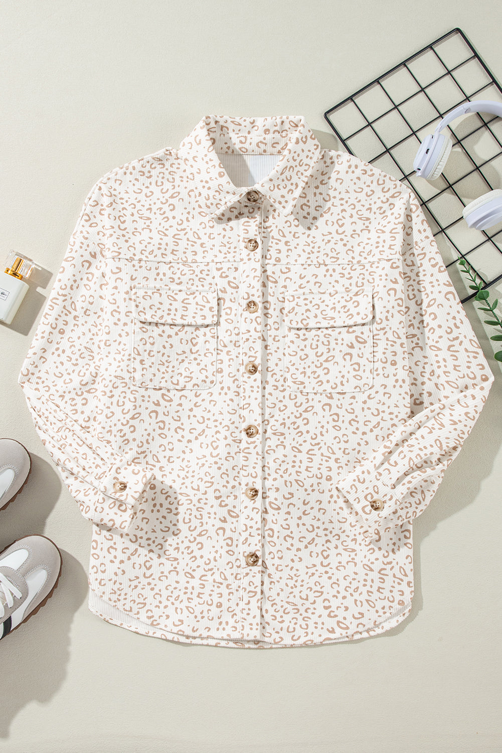 Leopard Corduroy Flap Pockets Button-Up Shacket