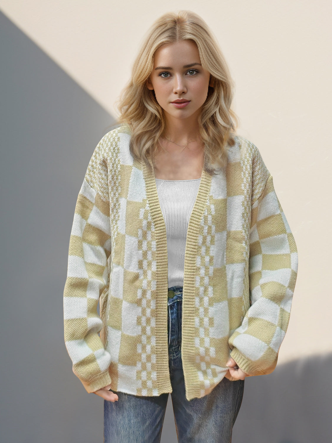 Back To School Sweater - Double Take Checkered Open Front Dropped Shoulder Cardigan
