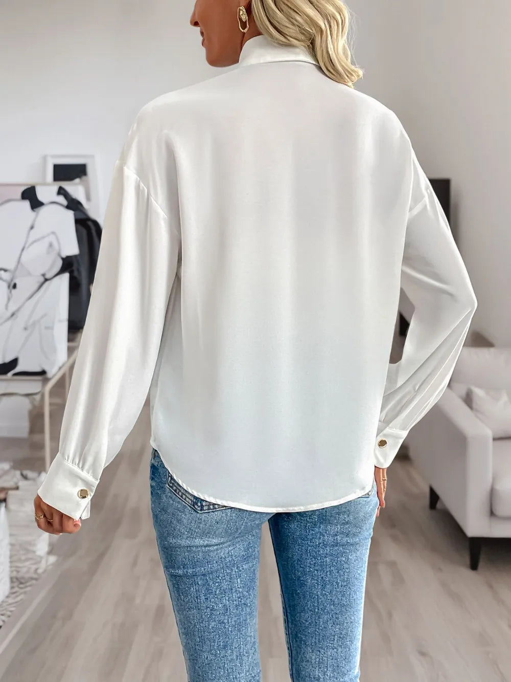 White Long Sleeve Button Down Shirt with Gold Sequin Contrast