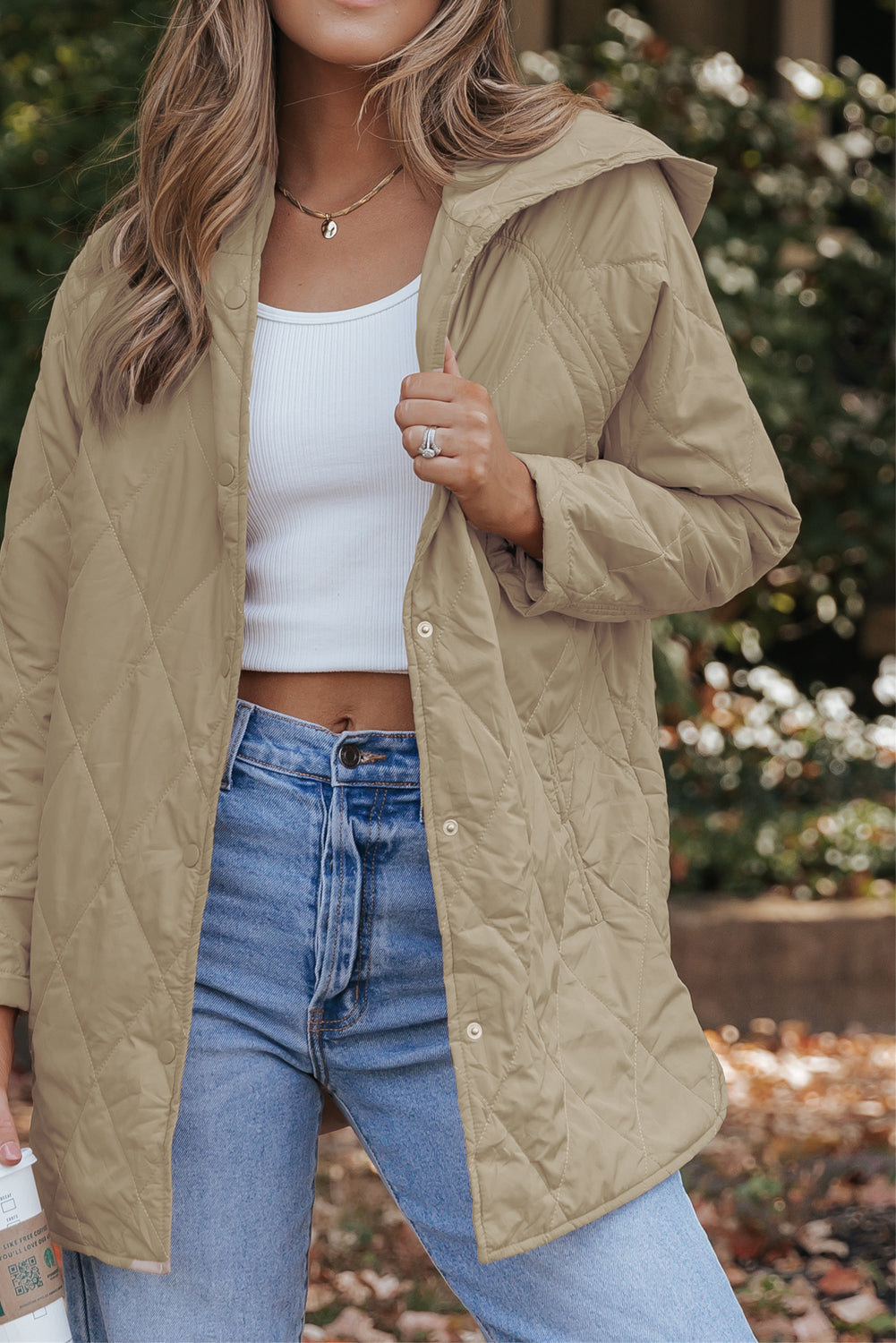 Women's Solid Quilted Snap Button Hooded Puffer Coat in Beige Khaki
