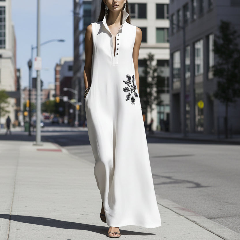 Women's Cotton Linen Mandarin Collar Graphic Print Maxi Dress - Image 2