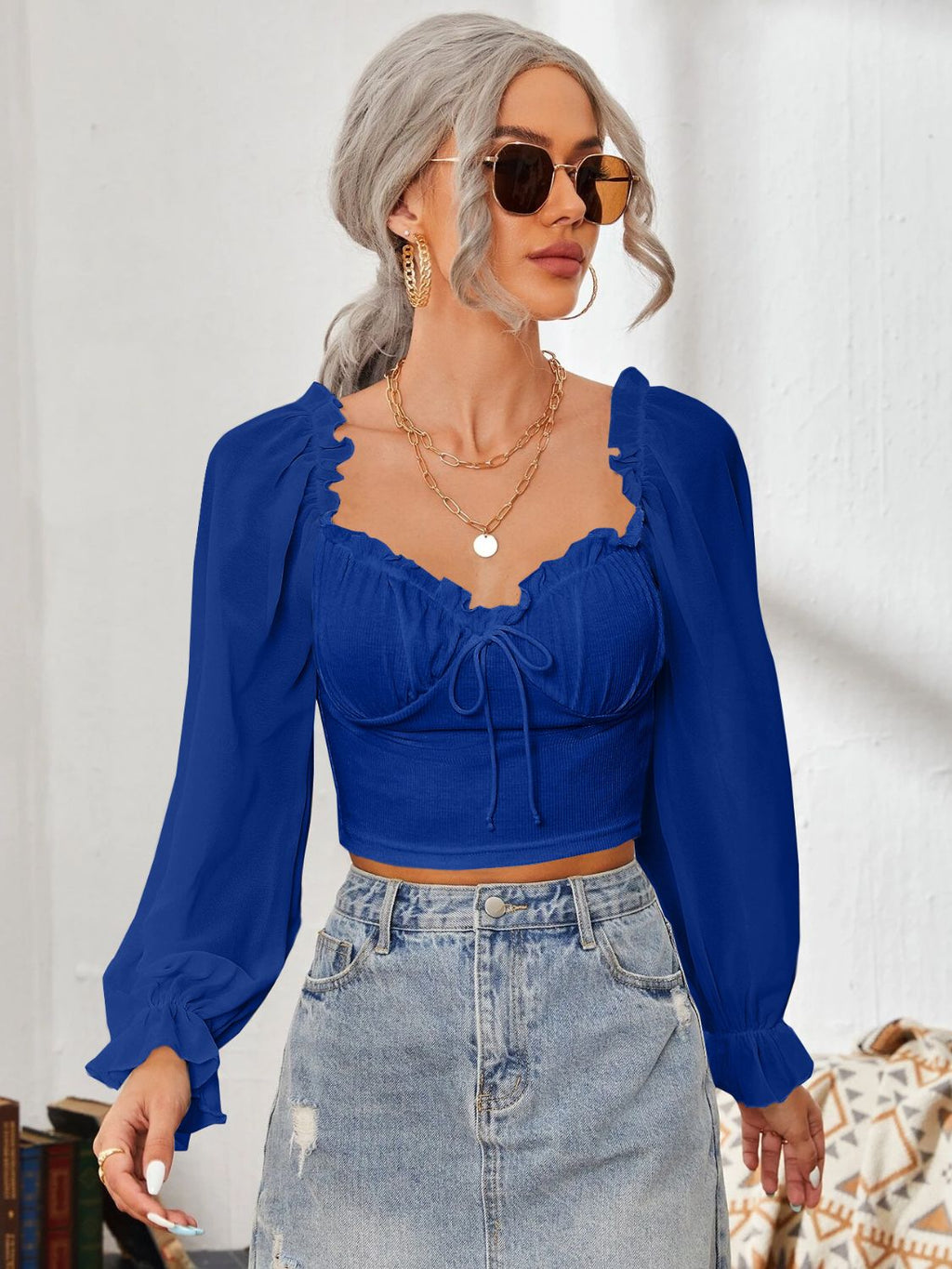 Mesh Sweetheart Neck Flounce Sleeve Top with Ruffled Detail - Image 10