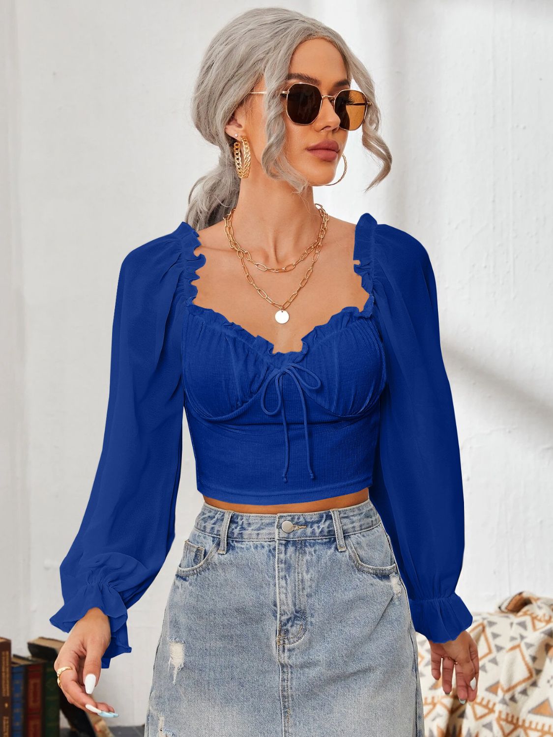 Mesh Sweetheart Neck Flounce Sleeve Top with Ruffled Detail - Image 10