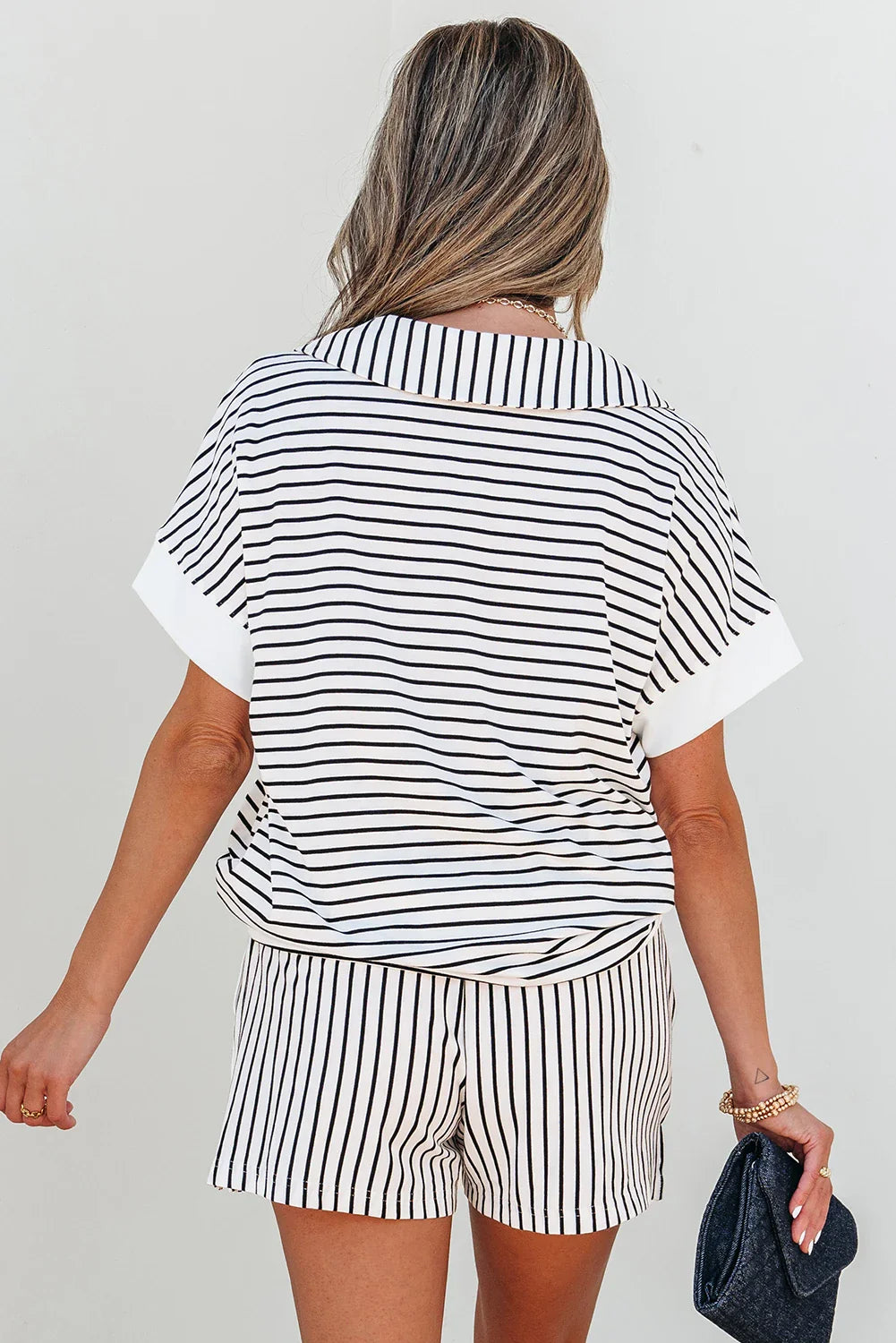 Women's Striped V-Neck Tee and High-Rise Casual Shorts Loungewear Set