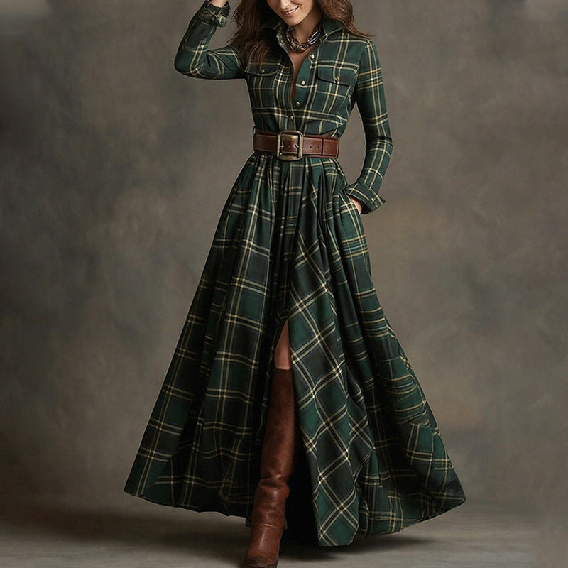 Women's Plaid Lapel Maxi Shirt Dress with Belted Waist - Image 5