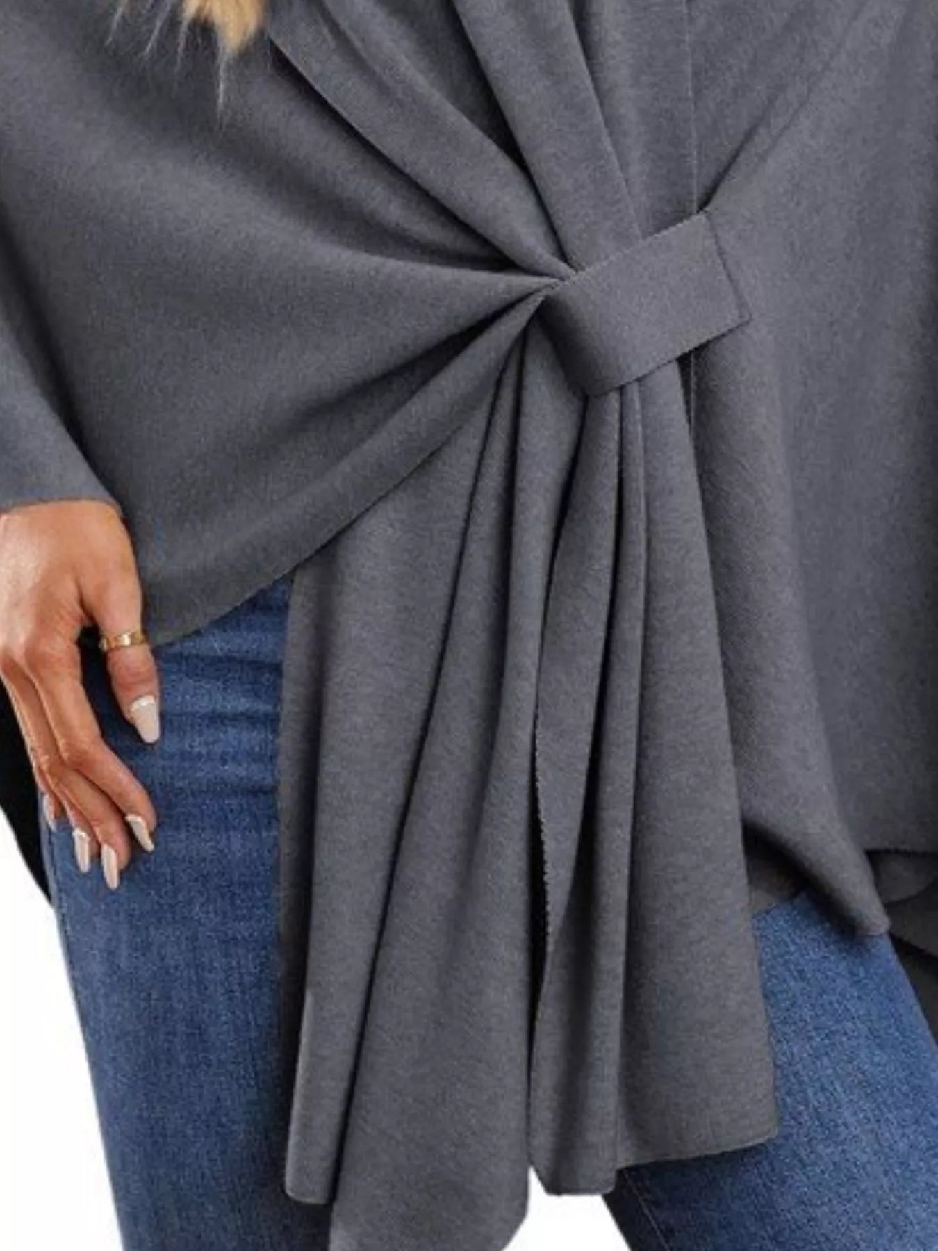 Solid Color Tie-Front Knit Cape Top