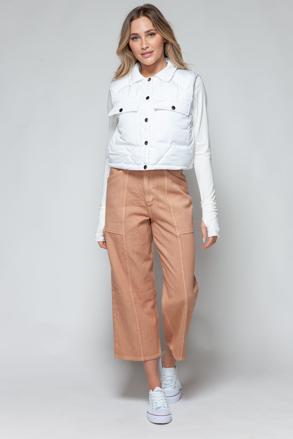 White Quilted Snap Down Crop Vest Lightweight Sleeveless Jacket - Image 7