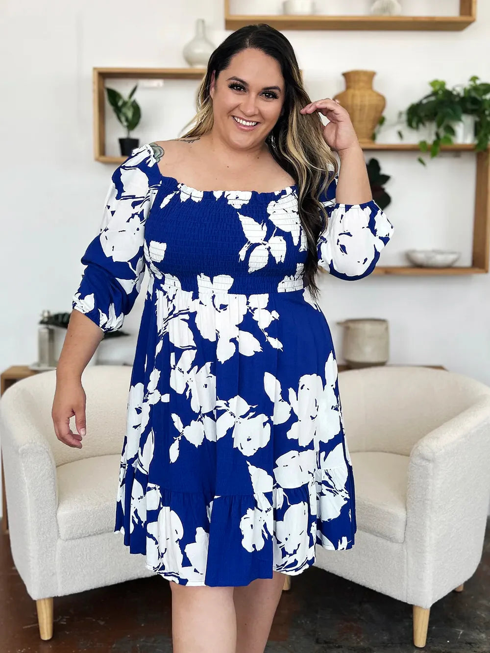 Floral Ruffle Hem Smocked Midi Dress with Pockets