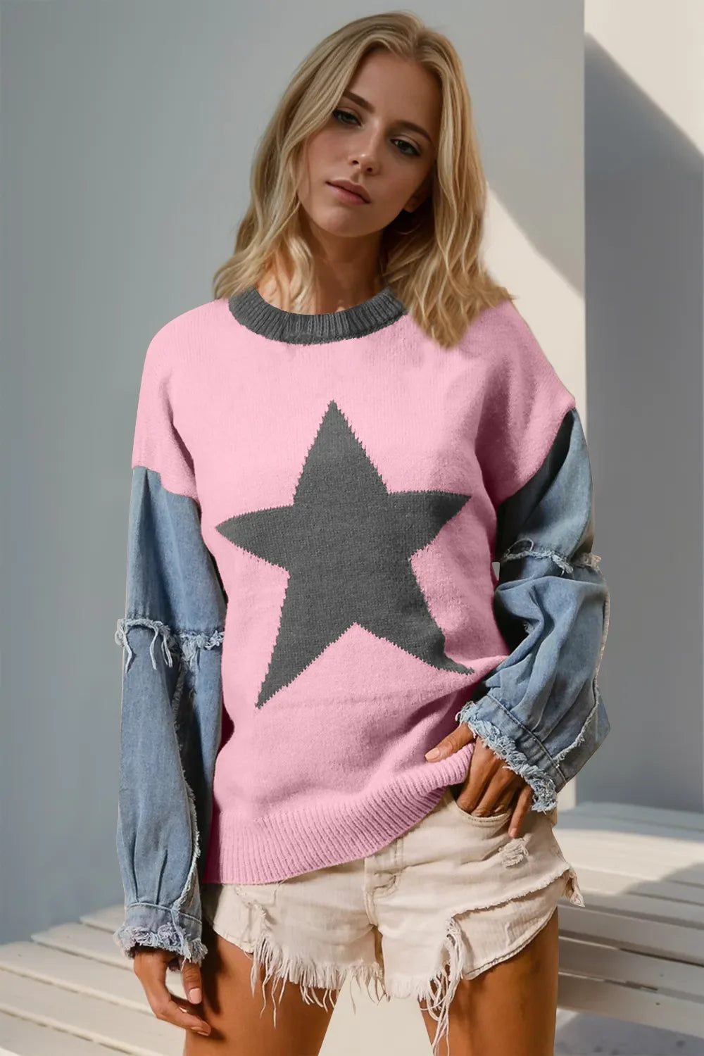 Mixed-Media Star-Pattern Long Sleeve Sweater in Dark Gray, White & Blush Pink