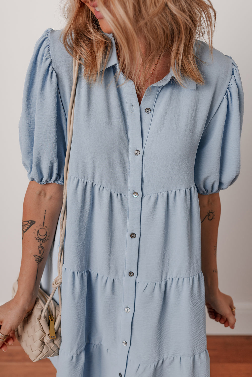 Beau Blue Shirt Collar Button Up Puff Sleeve Tiered Shift Dress