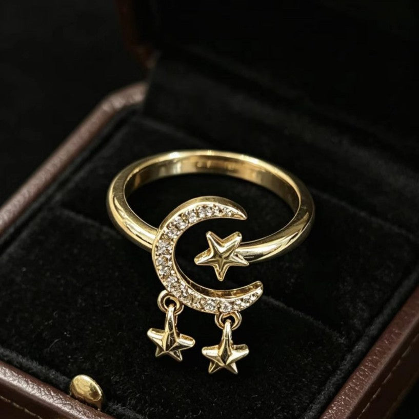 Adjustable Gold Star and Moon Open Ring for Women - Light Luxury