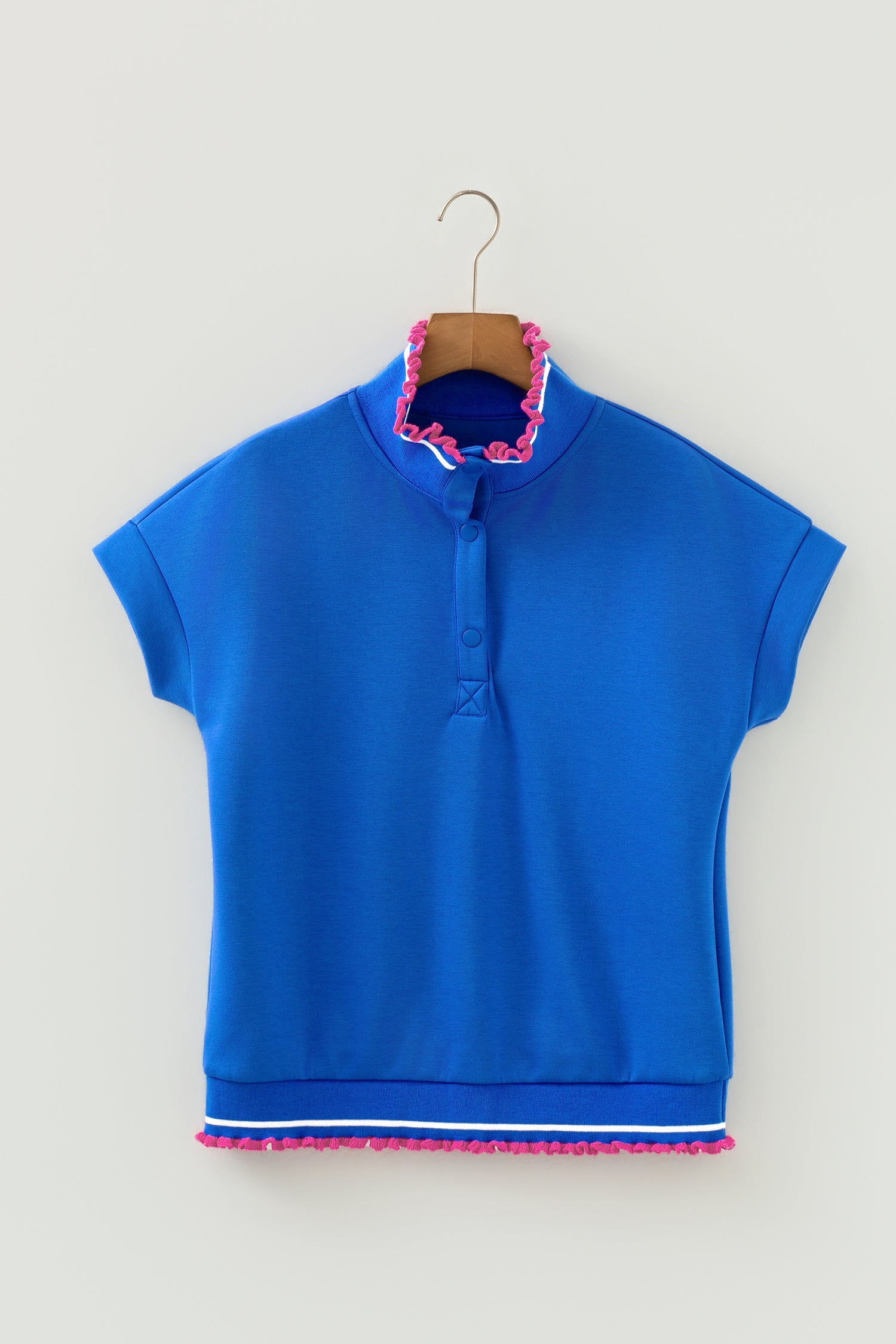 Contrast Frilled Trim Button Collar Short Sleeve Top