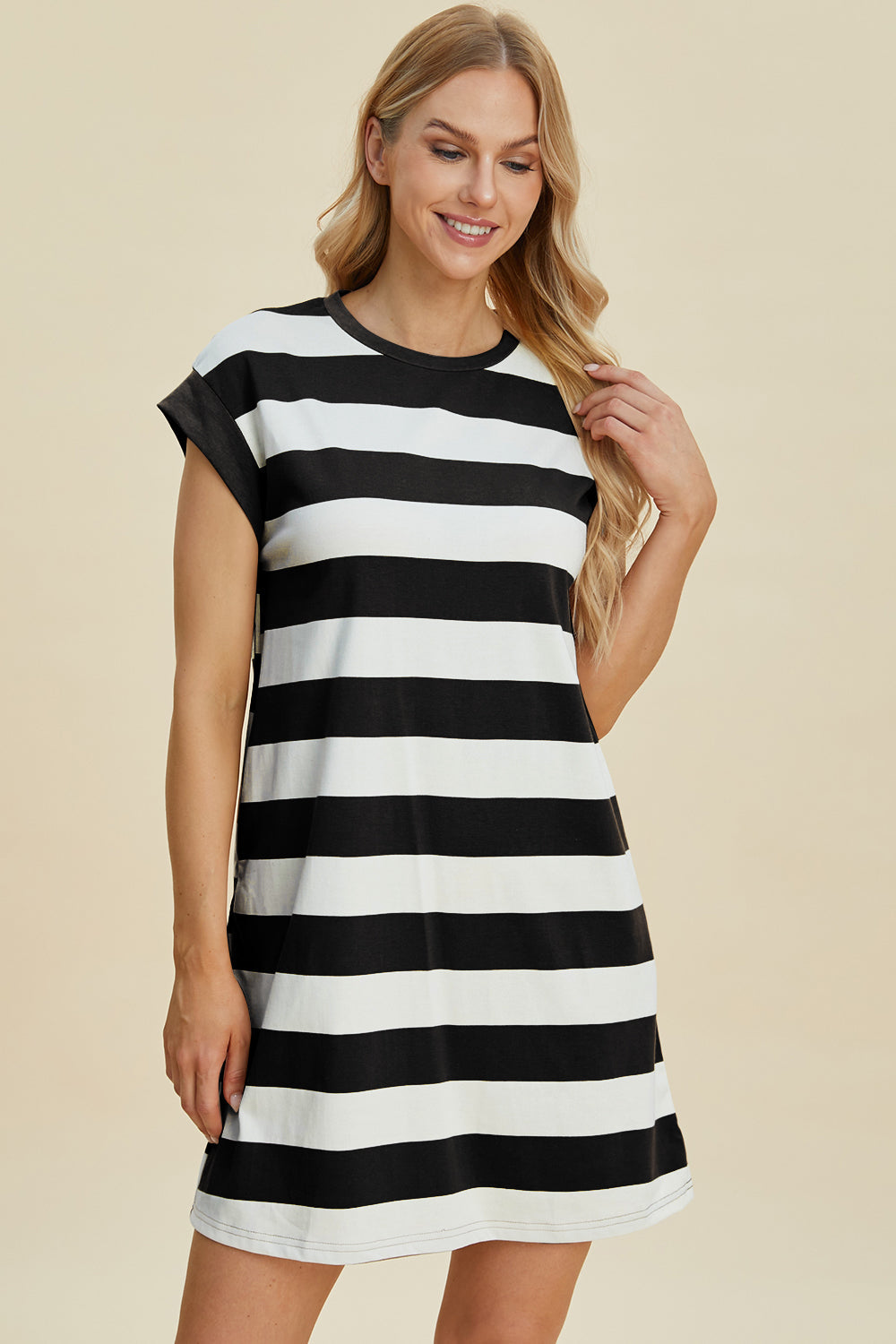 Striped Cotton Round Neck Cap Sleeve Mini Dress