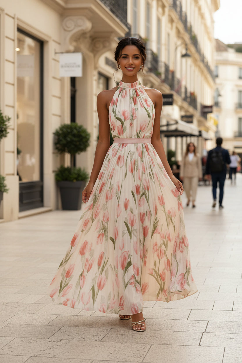 Floral Print Halterneck High-Waist Pleated Midi Dress