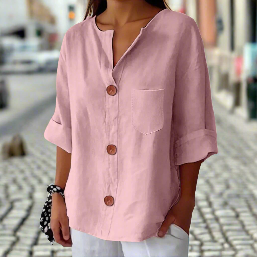 Women’s Loose V Neck Button Up Top in Cotton Linen Blend - Image 4