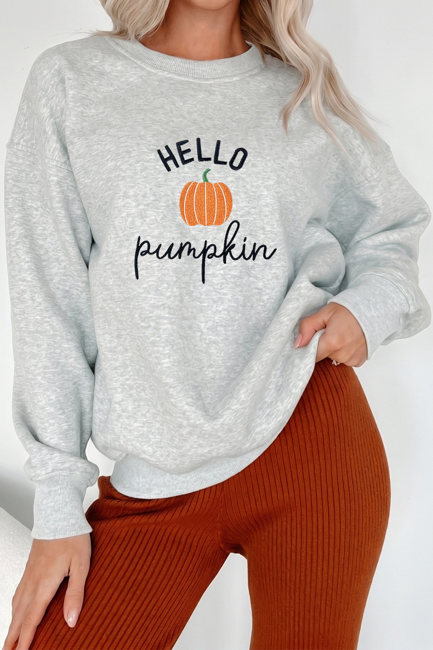 Gray HELLO Pumpkin Embroidered Pattern Casual Sweatshirt