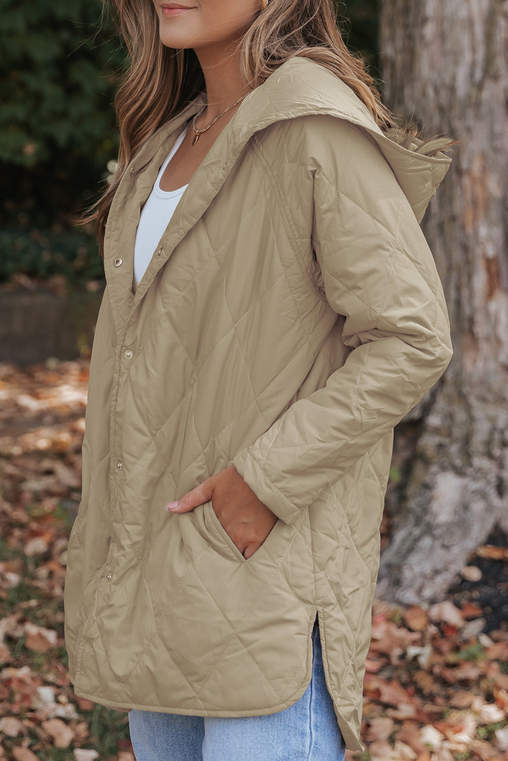 Women's Solid Quilted Snap Button Hooded Puffer Coat in Beige Khaki