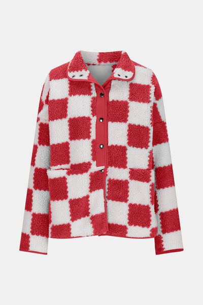 Women’s Checkered Snap Down Teddy Jacket in White and Brown