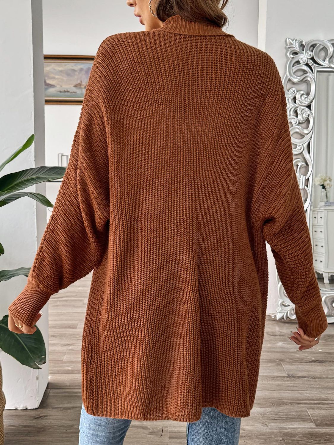 Women's Long Sleeve Open Front Ribbed Knit Cardigan in Rust - Image 2