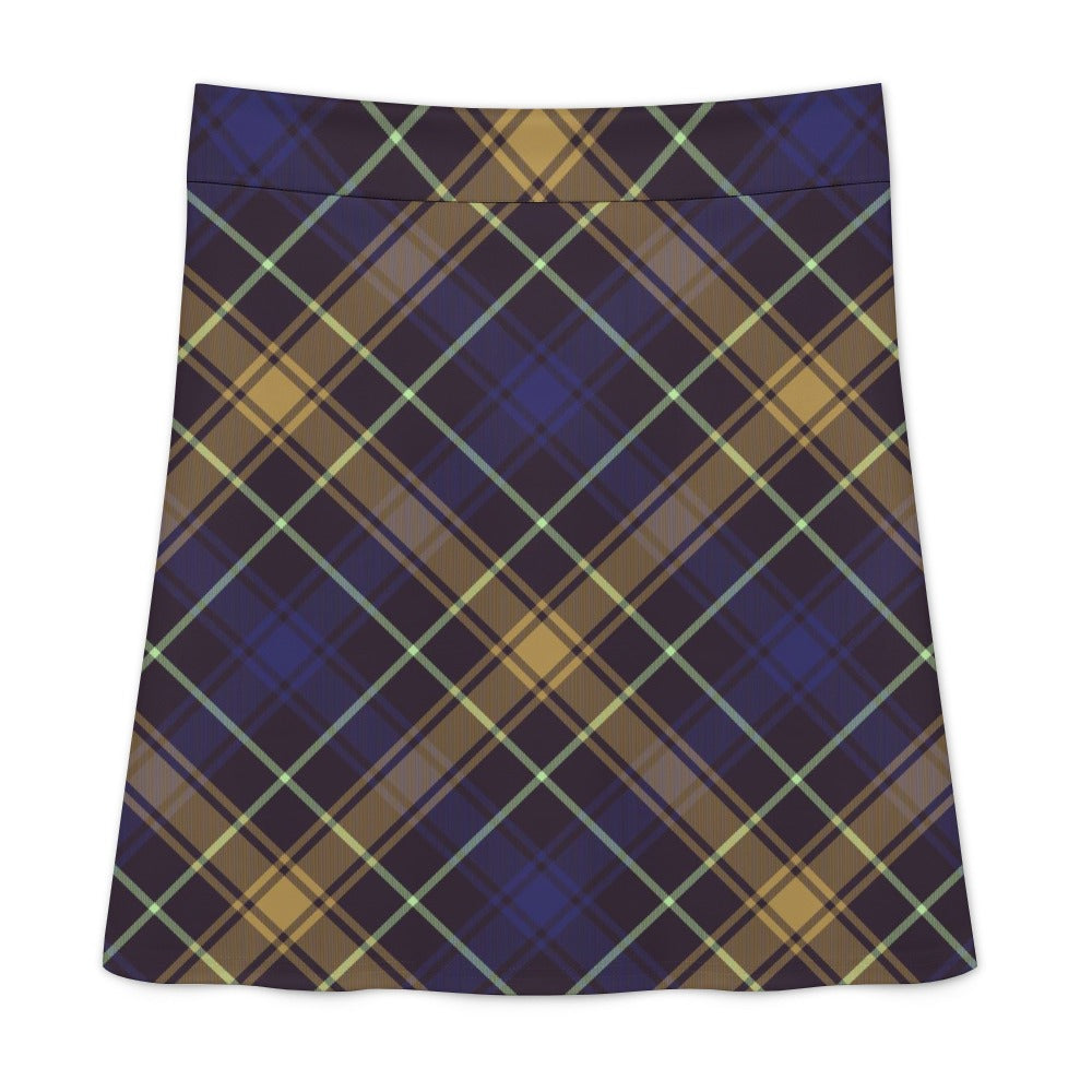 Women wearing a Navy Blue Plaid Mini Skirt with a zipper closure, showcasing the high-waisted fit and Harajuku style pattern.