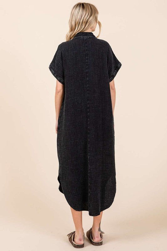 Mineral Wash V Neck Button Up Midi Shirt Dress