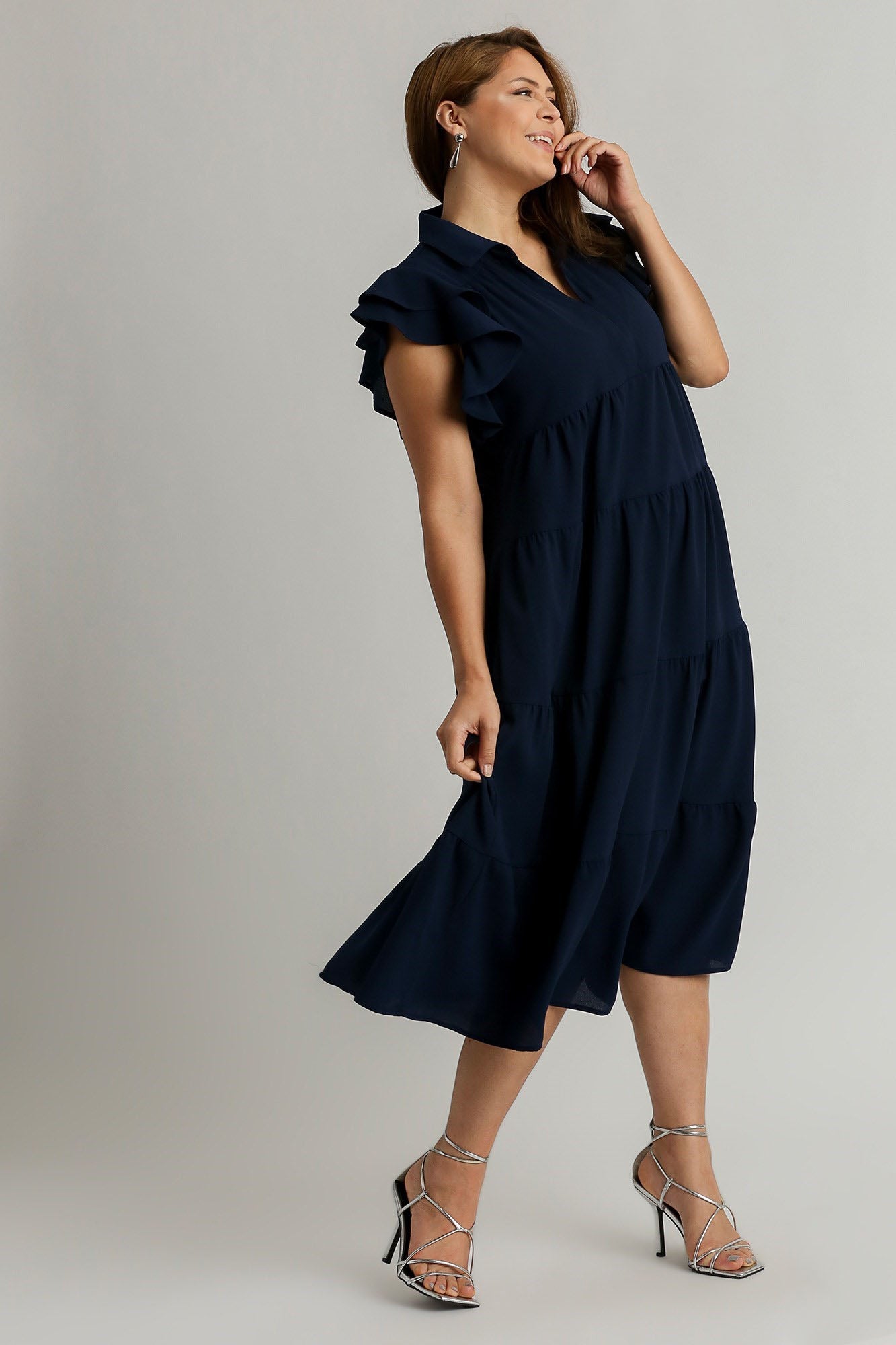 Classic Navy Ruffle Sleeve Tiered Dress with Collar